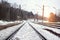 Railroad Perspective Background. Railway against forest on cold