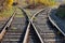 Railroad, rails in autumn. Perspective, urban travel. Railway in the forest.
