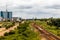 Railroad and rapidly developing central business district, Gaborone, Botswana, Africa, 2017