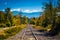 Railroad track and distant mountains seen in White Mountain National Forest, New Hampshire.