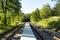 Railroad track winding through green summer forest
