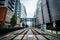 Railroad tracks and buildings in Uptown Charlotte, North Carolina.