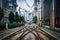 Railroad tracks and buildings in Uptown Charlotte, North Carolina.