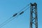 Railroad tracks with railway electrification system. Overhead line wire over rail track. Power lines. Vintage image