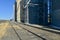 Railroad tracks run alongside grain elevators