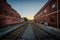 Railroad tracks at sunset, in downtown Greensboro, North Carolina.