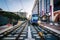 Railroad tracks and train in Uptown Charlotte, North Carolina.