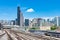 Railroad Tracks and Trains at Union Station with Chicago Skyline