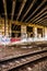 Railroad tracks under a bridge in Philadelphia, Pennsylvania.