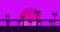 Railroad transport and palm trees at sunset in 80s style. Train motion animation. Retro sci-fi landscape. Horizontal composition