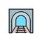 Railroad tunnel with rails, railway road, subway flat color line icon.