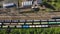 Railroad with wagons standing in several rows, aerial view.