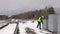 Railroad worker checking electrical enclosures