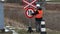 Railroad worker with road sign near railway