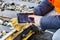 Railroad worker using tablet PC on railway