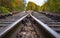 Rails to infinity.Hopeless post apocalyptic landscape. Cemetery of abandoned broken trains