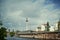 Railway arcades at the river Spree in the center of Berlin. In the background you can see the Tower at the Alexander Place