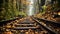 Railway in the autumn forest. Beautiful autumn landscape. Selective focus, AI Generated