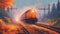 railway in an autumn morning, _A train carrying fuel tanks on a railway track in a misty forest. The train is moving fast