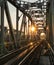 Railway bridge at dawn. Industrial summer landscape.