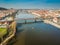 Railway bridge between Vyton and Smichov area above Moldau river with other bridges, Old Town and Prague Castle in background