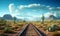 Railway in the desert with cactuses and mountains in the background.