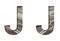 Railway font. The letter J is cut out of white paper against the background of railroad rails, mirror background for convenience.