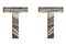 Railway font. The letter T is cut out of white paper against the background of railroad rails, mirror background for convenience.