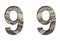 Railway font. The number nine, 9 is cut out of white paper against the background of railroad rails, mirror background for