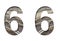 Railway font. The number six, 6 is cut out of white paper against the background of railroad rails, mirror background for
