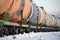 Railway freight train. Tanks for oil and gas. Winter. Russia