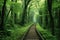 Railway in the green forest, closeup of photo, nature series