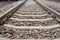 Railway Lines Closeup, Train Tracks with Track Ballast Stones, Metal Rails, Old Railway Track