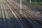 Railway overhead view. Rails for trains. Place of movement of electric transport