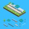 Railway Passenger Train Station and Elements Isometric View. Vector