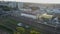 A railway and a platform with people an electric train is approaching. Aerial view. Russia Serpukhov.