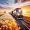 Railway Prairie Sunrise Landscape Wheat Field Rural Countryside Locomotive Freight Train AI Generated