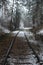 Railway and railroad tracks in the winter forest with snow and trees during winter. Beautiful landscape.