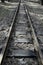 Railway. Rails. Linear perspective. Vertical shot. Wooden sleepers. Line