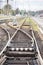 Railway rails, sleepers and platform at the station. Provincial town in Russia