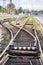 Railway rails, sleepers and platform at the station. Provincial town in Russia