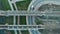 Railway road, top view. Two endless train lines, aerial view. Drone shot of elevated railway. Empty straight railways
