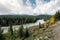 Railway with rocky mountains and cloudy in autumn valley at Morant`s Curve