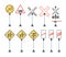 Railway signs. Train barriers traffic light specific symbols road direction arrows and banners vector flat pictures