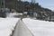 Railway with snow.Train tracks creative close up focus .Winter landscape