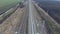 Railway. The span over the railway tracks. Rails and railway sleepers, high-voltage electric power line.