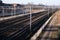 Railway station from above. Reconstructed modern railway infrastructure. The way forward railway for train. Empty