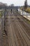 Railway station from above. Reconstructed modern railway infrastructure. The way forward railway for train. Empty