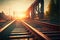 Railway station against beautiful sky at sunset. Industrial landscape with railroad, colorful blue sky with red clouds