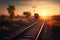 Railway station against beautiful sky at sunset. Industrial landscape with railroad, colorful blue sky with red clouds